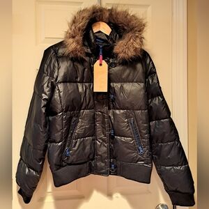 GAP Black Puffer Jacket with Faux Fur Trim
